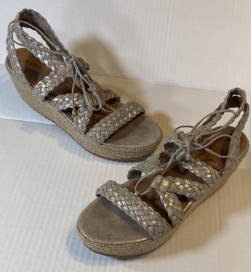 Trask Patrice Size 10M Braided Wedge Platform Sandals Gold Shimmer Coastal Boho